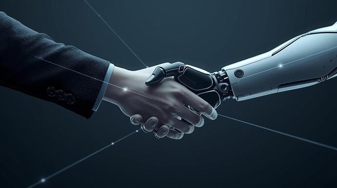 A futuristic digital artwork of a human and AI robot shaking hands, lines connecting them, symbolizing cooperation, trust, and shared growth. Minimalist but powerful, with a modern tech aesthetic.